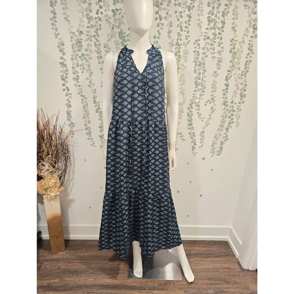 Emily Daniels Sleeveless Boho Maxi Dress Navy Teal Print Size L NWT Tiered Tasse - Picture 4 of 12